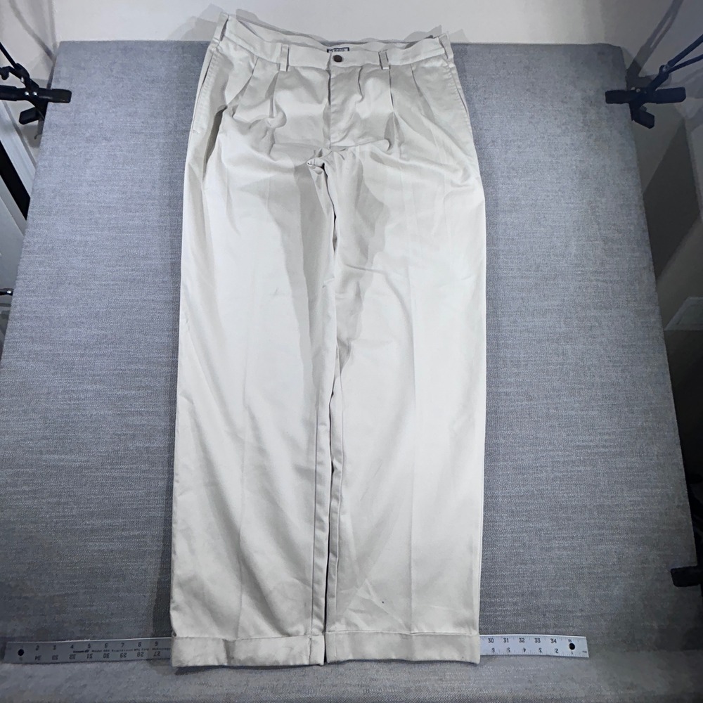 IZOD Pleated Chino Pants Mens 38x34‎ Beige Good Cotton Cuffed Business Casual